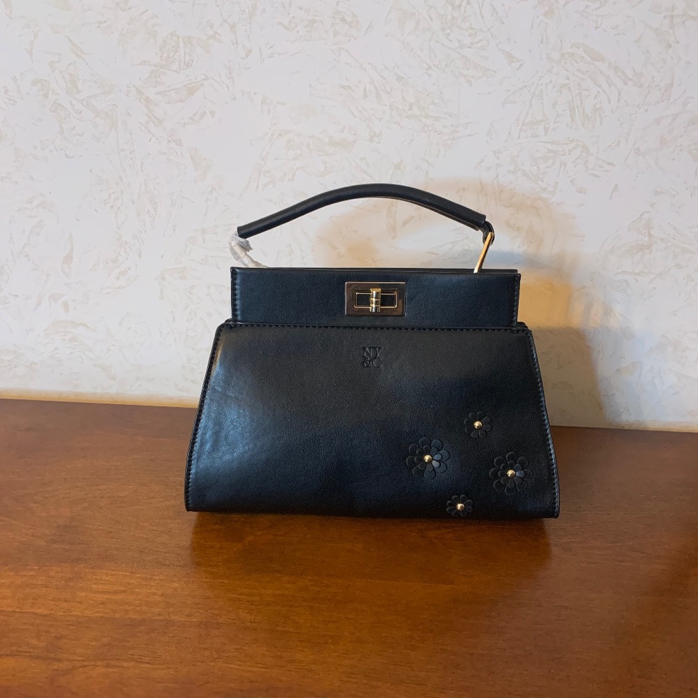 NY&C Black Handbag With Gold-Toned Hardware and Flowers Accent